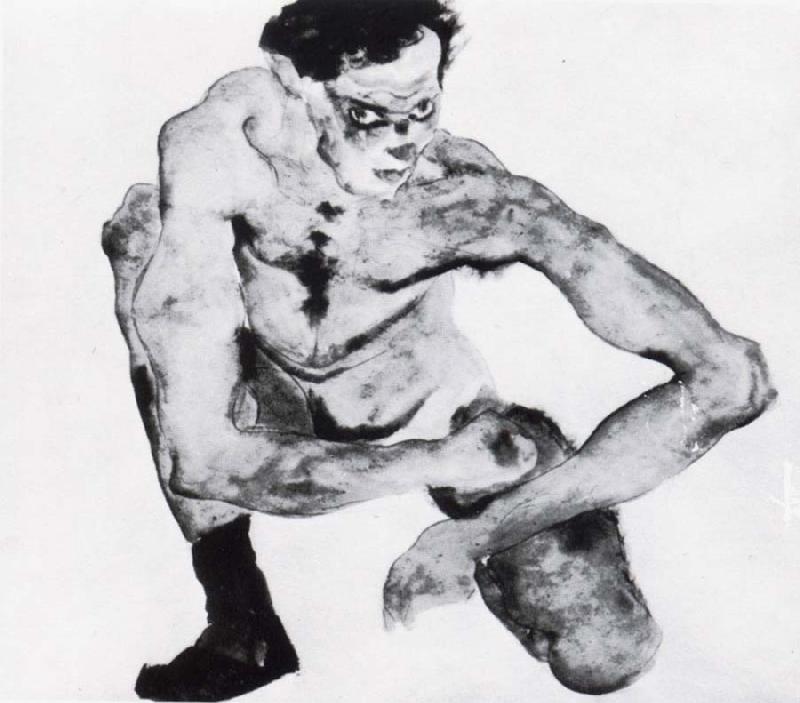 Egon Schiele Squatting male nude with stockings